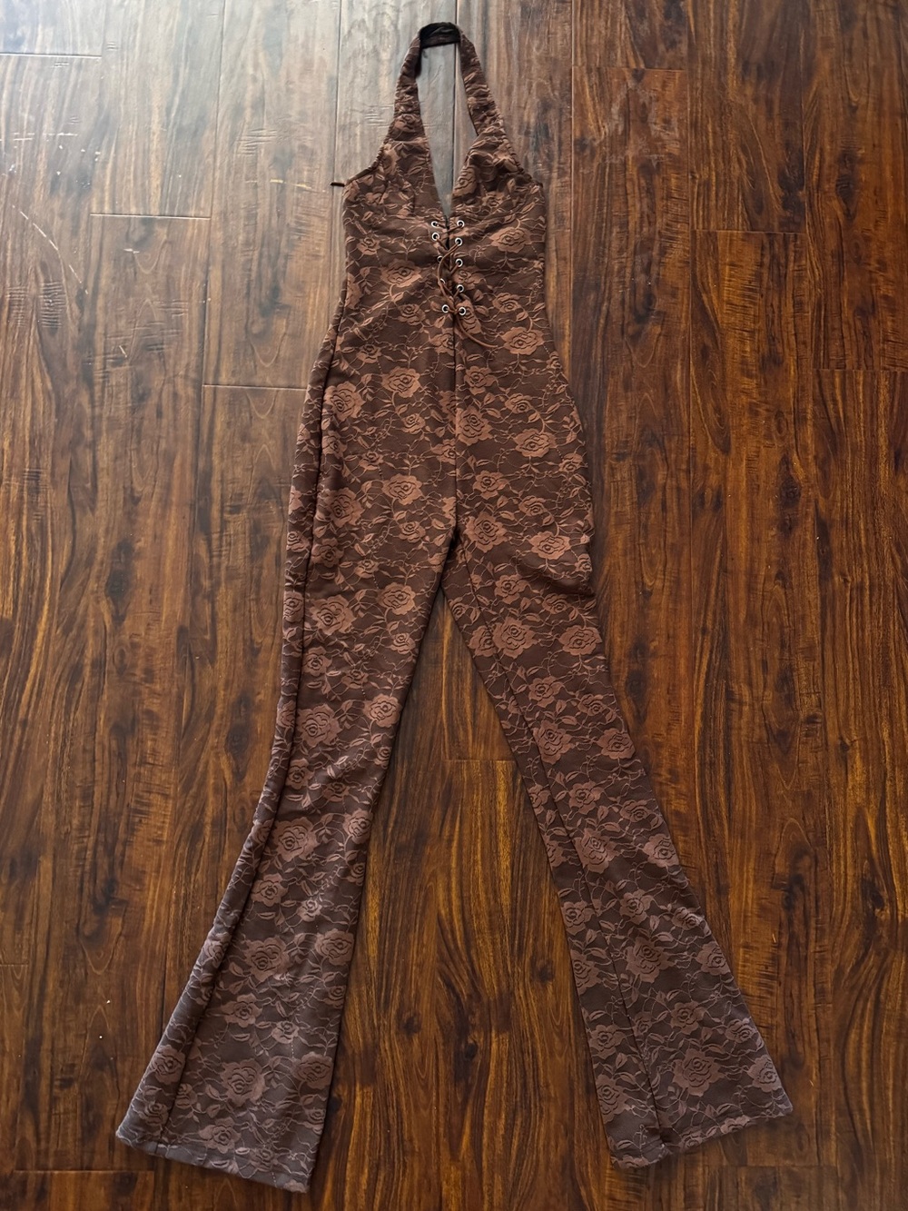 Brown Tie up Lace Halter Backless Jumpsuit